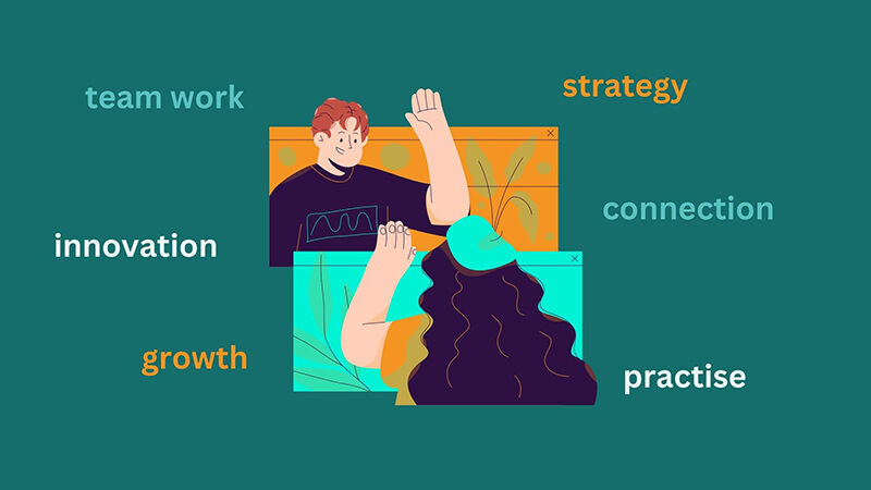 image with human figures and the text: team work, innovation, growth, practice, connection, strategy